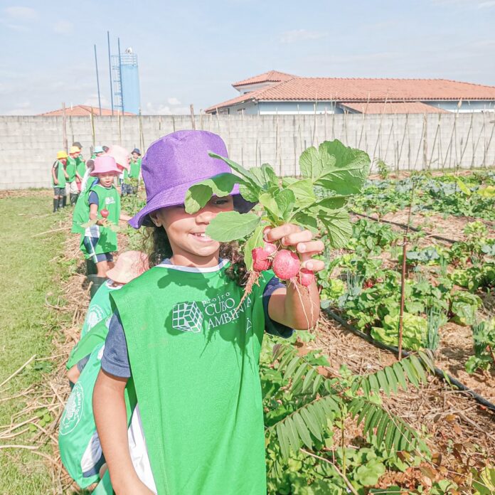 Aluna participando de atividade de conscientização ecológica na escola municipal Professor João Kolenda Lemos, em Pinda